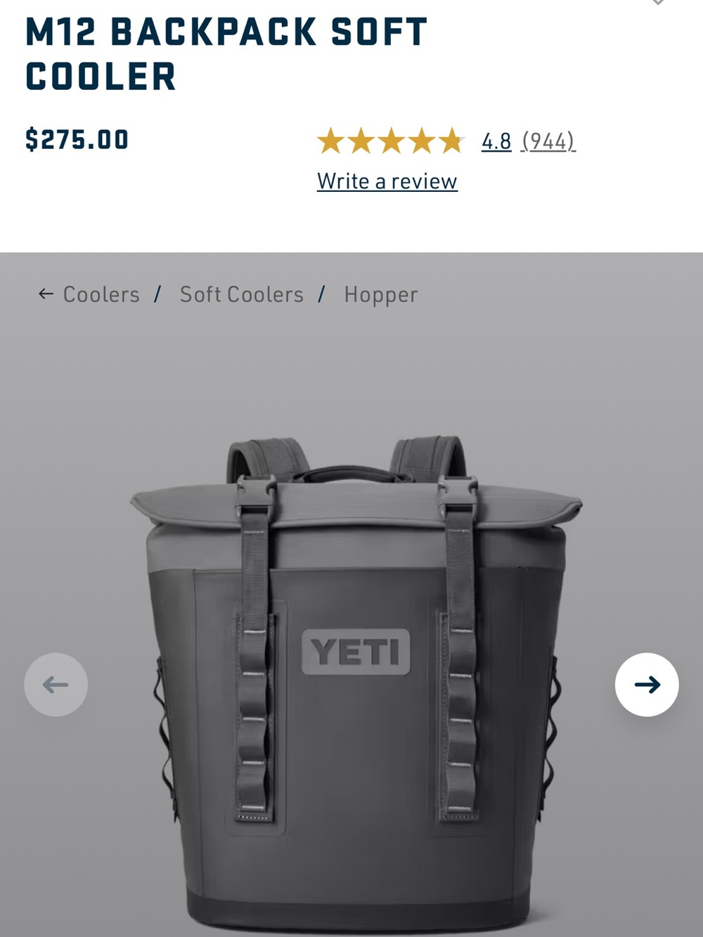 Yeti Grey M12 Backpack Soft Cooler